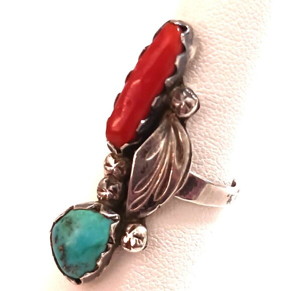 Navajo vtg Turquoise Coral ring sz 7-7.5 (1186) - Picture 2 of 7